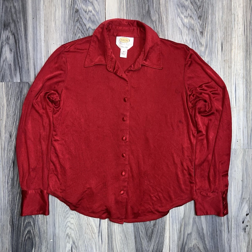 Vintage Talbots Pure Silk Shirt Blouse Women 6 Petite Red Old Money Button Up
